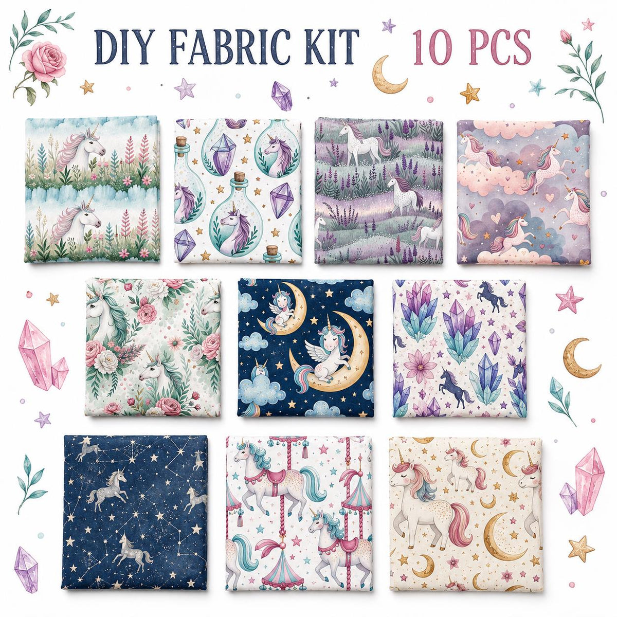 10Pc/Set Unicorn Series Flower Moon Lavender Fat Quarter Fabric, Pre-Cut Square Fabric Assort, Fabric Set, Craft Fabric, Handmade DIY Patchwork Fabric,Home Quilting Sewing Fabric, Packaging Fabric, Scrapbooking Craft Hobbyist