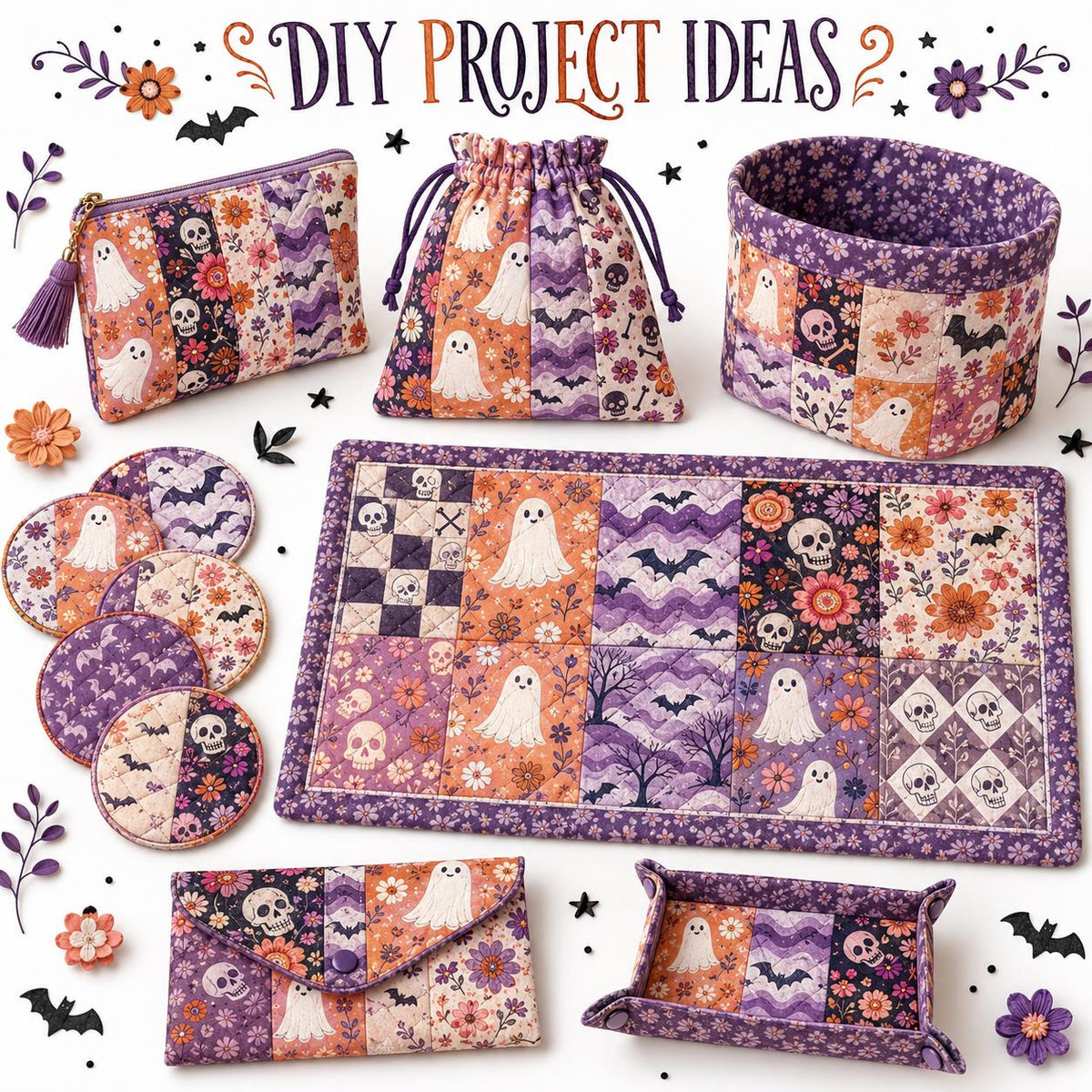 10Pc/Set Halloween Series Plaid Skull Flower Bones Bat Fat Quarter Fabric, Pre-Cut Square Fabric Assort, Fabric Set, Craft Fabric, Handmade DIY Patchwork Fabric,Home Quilting Sewing Fabric, Packaging Fabric, Scrapbooking Craft Hobbyist