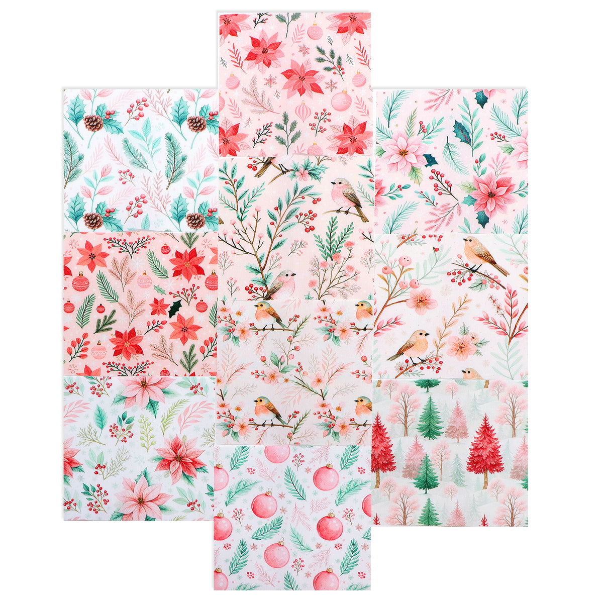 10Pc/Set Christmas Series Bird Flower Holly Pinecones Fat Quarter Fabric, Pre-Cut Square Fabric Assort, Fabric Set, Craft Fabric, Handmade DIY Patchwork Fabric,Home Quilting Sewing Fabric, Packaging Fabric, Scrapbooking Craft Hobbyist