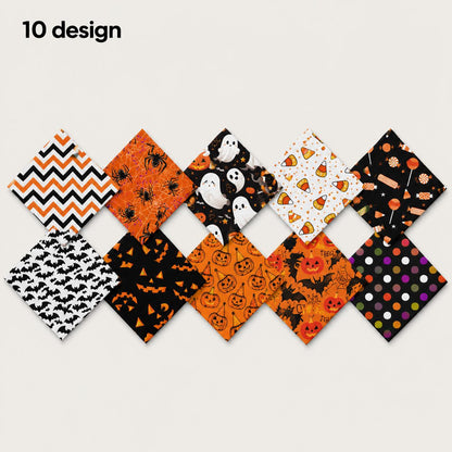10pcs Charm Pack Set Pumpkin Bat Ghost Halloween Pattern Vintage Style Handmade DIY with Rich Color and Texture Elements 100% Polyester Patchwork in 10 Design Styles Suitable for Patchwork DIY Craft Projects DIY Wallet Making Gift Giving Bag Making Mother