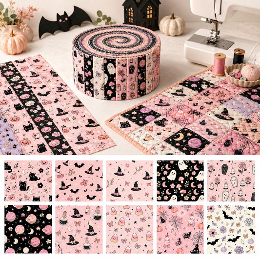 10pcs Vintage Cat Bat Ghost Pink Halloween Theme Jelly Roll Fabric Strips 2.5X19.7inch Pre-Cut 100% Polyester For Patchwork Quilts, Table Runners, Placemats, Tote Bags, Storage Pouches, Makeup Bags, Coasters, Quilt Blocks & Binding