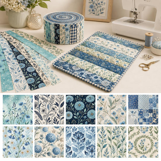 10pcs Vintage Blue Hydrangea Floral Pattern Jelly Roll Fabric Strips 2.5X19.7inch Pre-Cut 100% Polyester For Patchwork Quilts, Table Runners, Placemats, Tote Bags, Storage Pouches, Makeup Bags, Coasters, Quilt Blocks & Binding