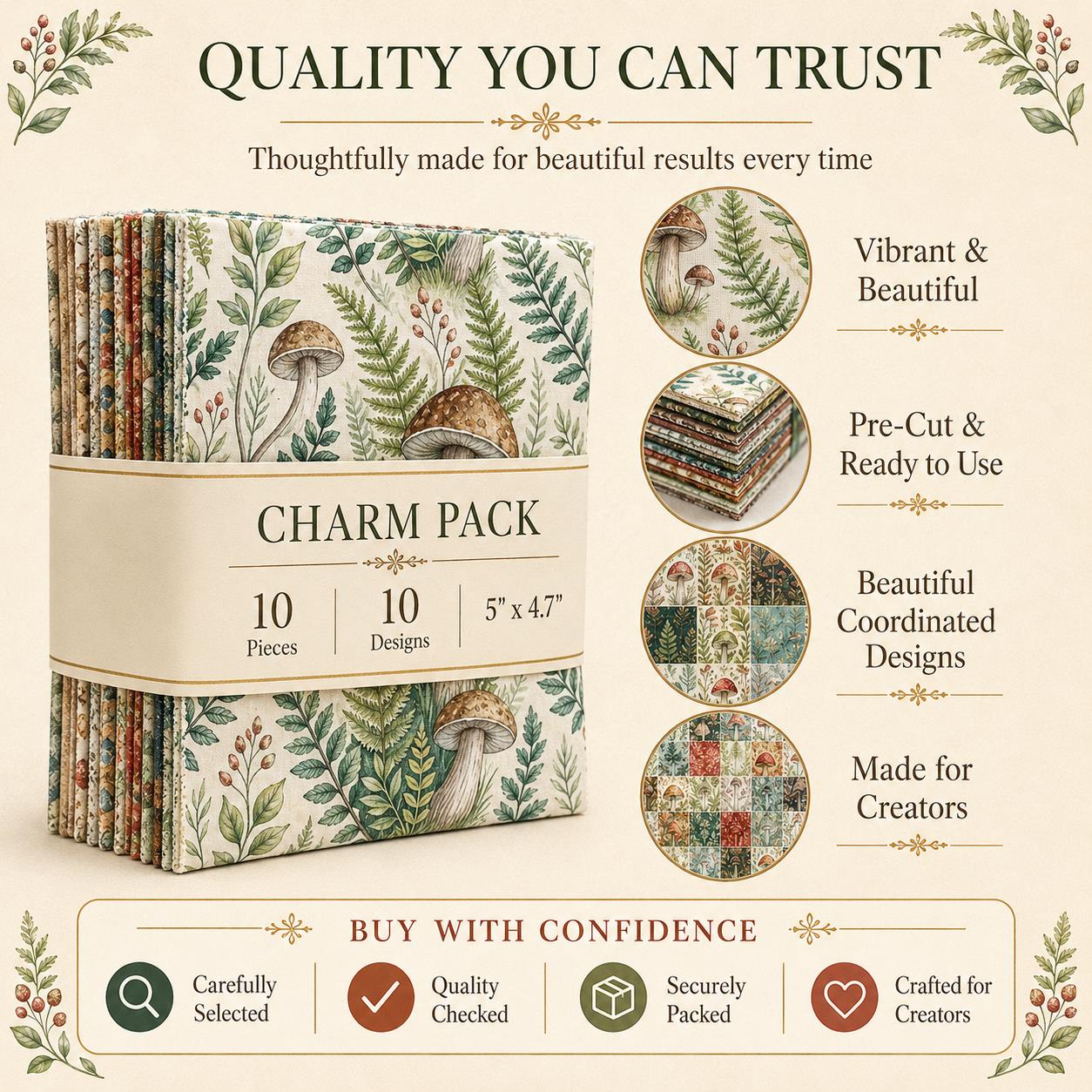 10pcs Charm Pack Set Mushroom Pattern Vintage Style Pattern Handmade DIY with Rich Color and Texture Elements 100% Polyester Patchwork in 10 Design Styles Suitable for Patchwork DIY Craft Projects DIY Wallet Making Gift Giving Bag Making