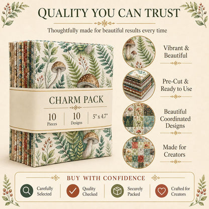 10pcs Charm Pack Set Mushroom Pattern Vintage Style Pattern Handmade DIY with Rich Color and Texture Elements 100% Polyester Patchwork in 10 Design Styles Suitable for Patchwork DIY Craft Projects DIY Wallet Making Gift Giving Bag Making