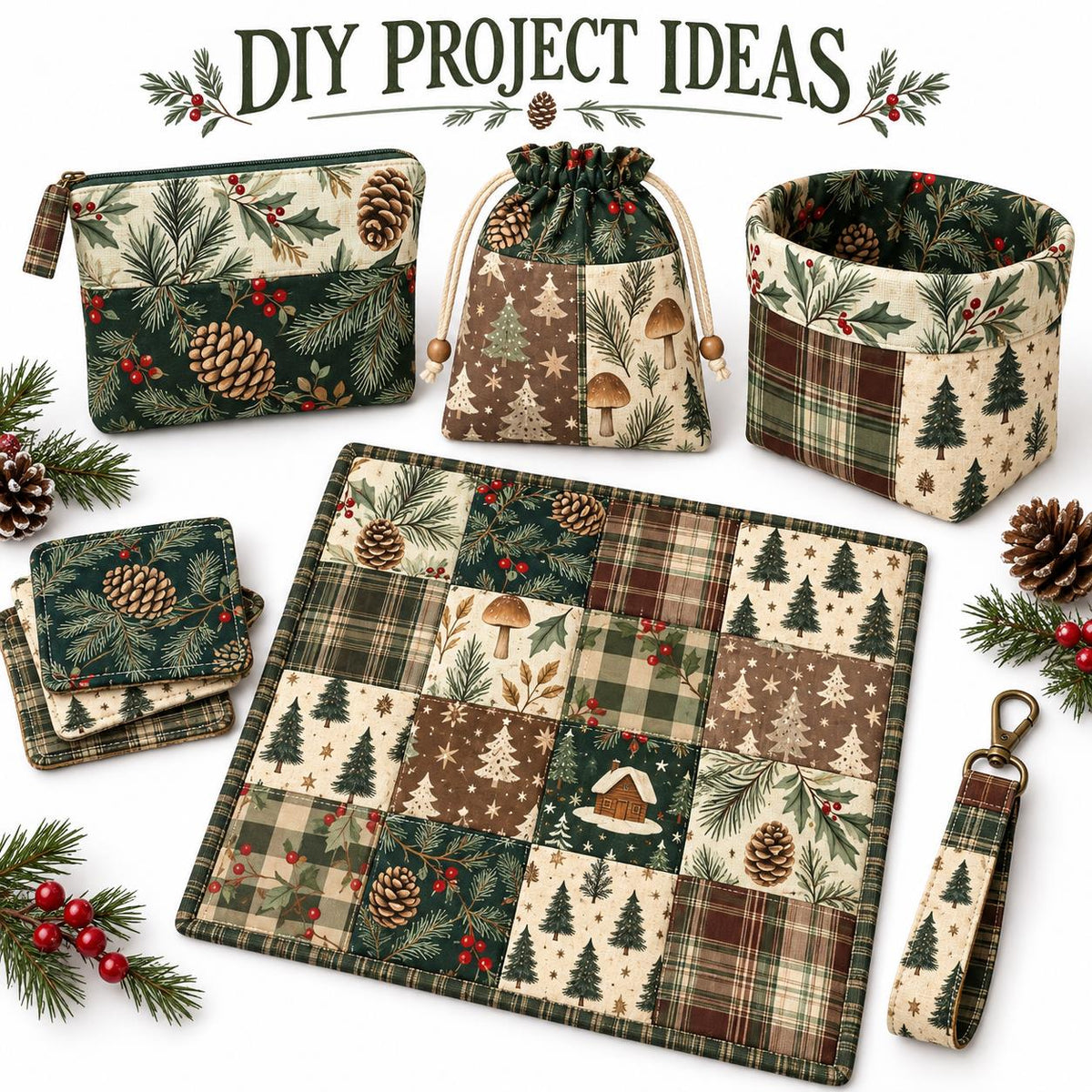 10Pc/set Christmas Series plaid tree mushroom Holly Pinecones Fat Quarter Fabric, Pre-Cut Square Fabric Assort, Fabric Set, Craft Fabric, Handmade DIY Patchwork Fabric,Home Quilting Sewing Fabric, Packaging Fabric, Scrapbooking Craft Hobbyist