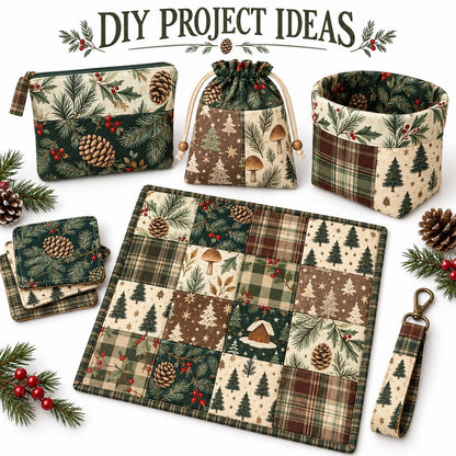 10Pc/set Christmas Series plaid tree mushroom Holly Pinecones Fat Quarter Fabric, Pre-Cut Square Fabric Assort, Fabric Set, Craft Fabric, Handmade DIY Patchwork Fabric,Home Quilting Sewing Fabric, Packaging Fabric, Scrapbooking Craft Hobbyist