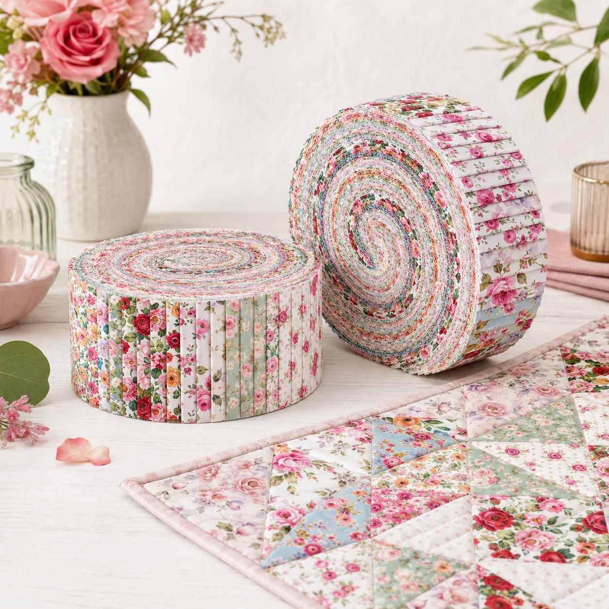 10Pc/Set, Making 10 Images 1pc Each, Each Size: 6.3*50cm Spring Floral Series Sliced Fabric Set Style Combination, Polyester Jelly Roll Fabric Strips, Pre-Cut Quilting Squares, For Quilting DIY, Handicrafts And Sewing, Blankets, Rugs, Interior Decoration
