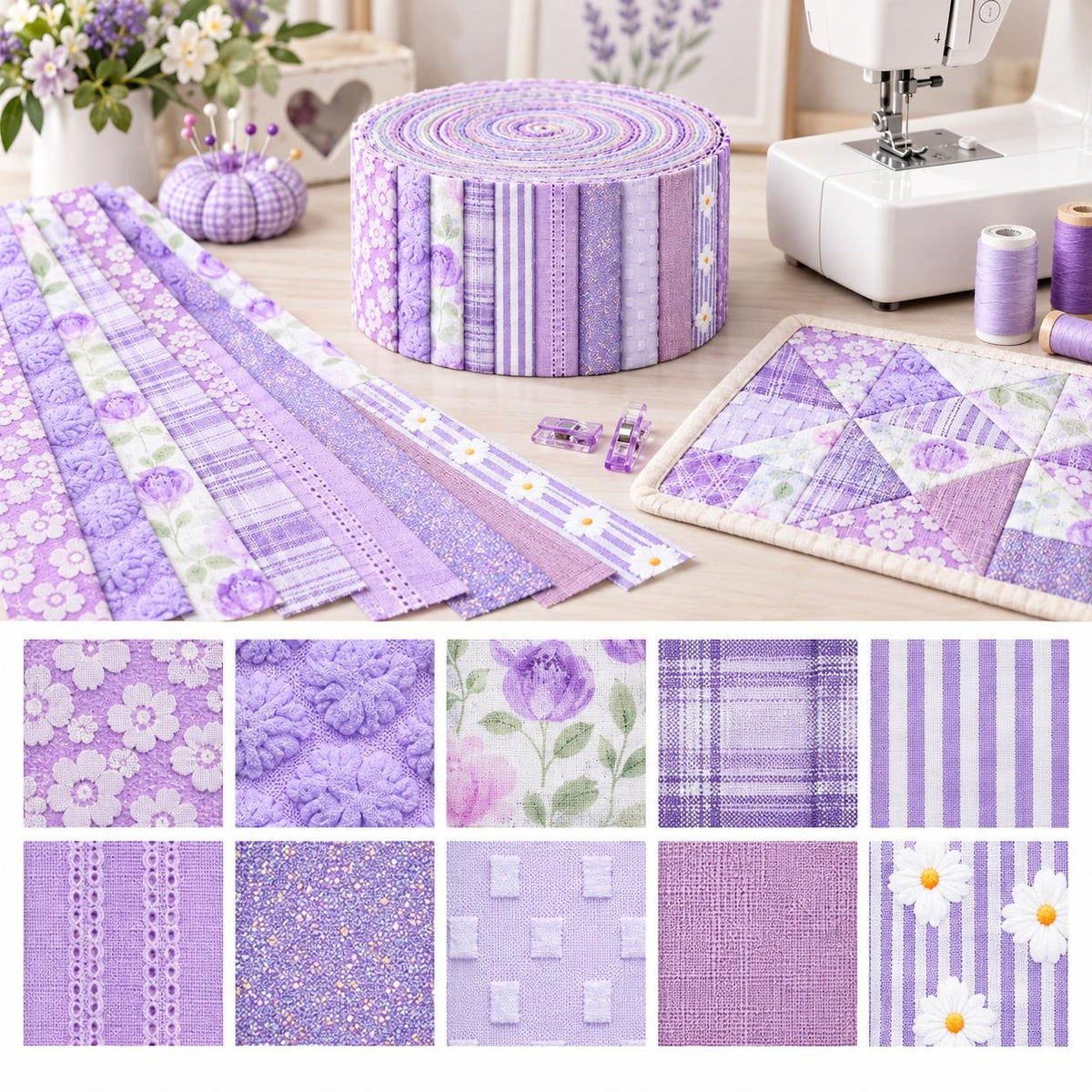 10pcs Vintage Floral Plaid Purple Pattern Jelly Roll Fabric Strips 2.5X19.7inch Pre-cut 100% Polyester for Patchwork Quilts, Table Runners, Placemats, Tote Bags, Storage Pouches, Makeup Bags, Coasters, Quilt Blocks & Binding Multi-color