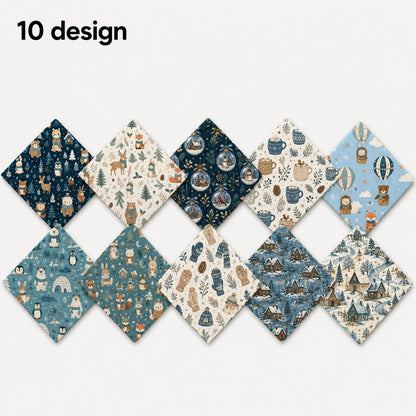 10Pc/Set Christmas Series Heart Star Rabbit Deer Fox Penguin Bear Holly Pinecones Seal Fire Balloon Fat Quarter Fabric, Pre-Cut Square Fabric Assort, Fabric Set, Craft Fabric, Handmade DIY Patchwork Fabric,Home Quilting Sewing Fabric, Packaging Fabric, Sc