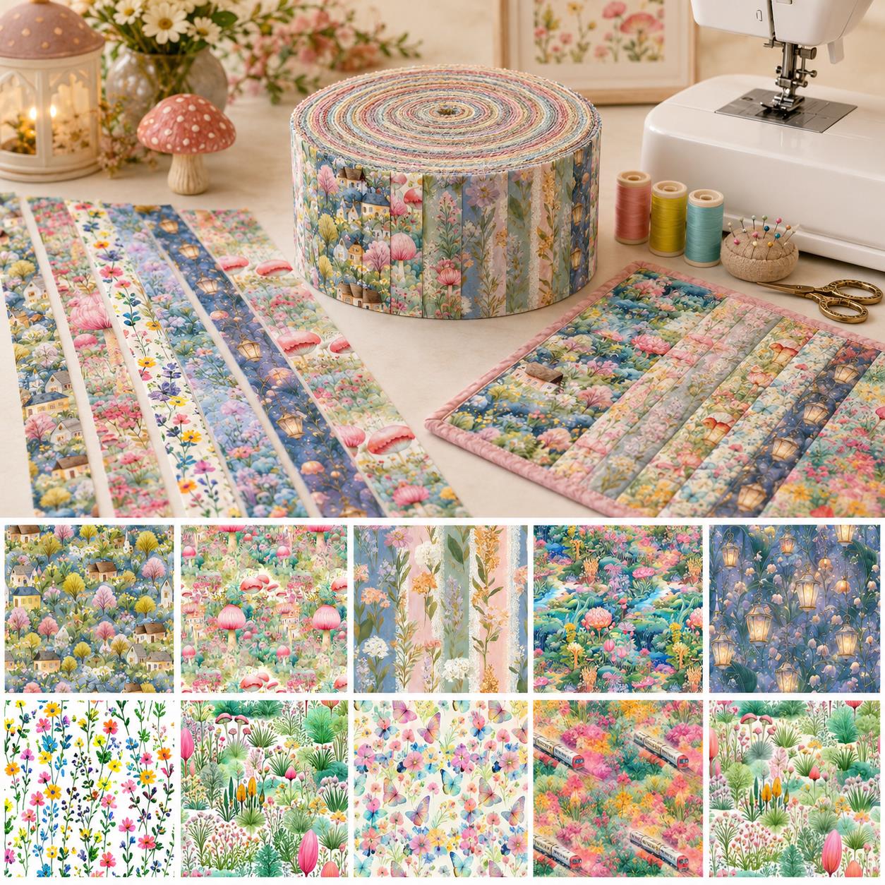 10pcs Vintage Floral Mushroom Spring Pattern Jelly Roll Fabric Strips 2.5X19.7inch Pre-cut 100% Polyester for Patchwork Quilts, Table Runners, Placemats, Tote Bags, Storage Pouches, Makeup Bags, Coasters, Quilt Blocks & Binding