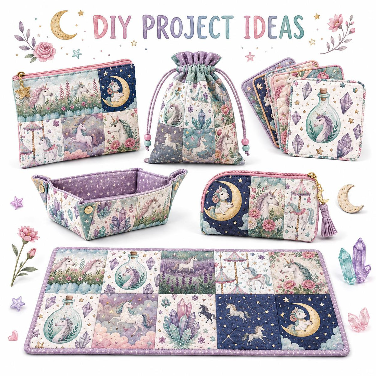 10Pc/Set Unicorn Series Flower Moon Lavender Fat Quarter Fabric, Pre-Cut Square Fabric Assort, Fabric Set, Craft Fabric, Handmade DIY Patchwork Fabric,Home Quilting Sewing Fabric, Packaging Fabric, Scrapbooking Craft Hobbyist