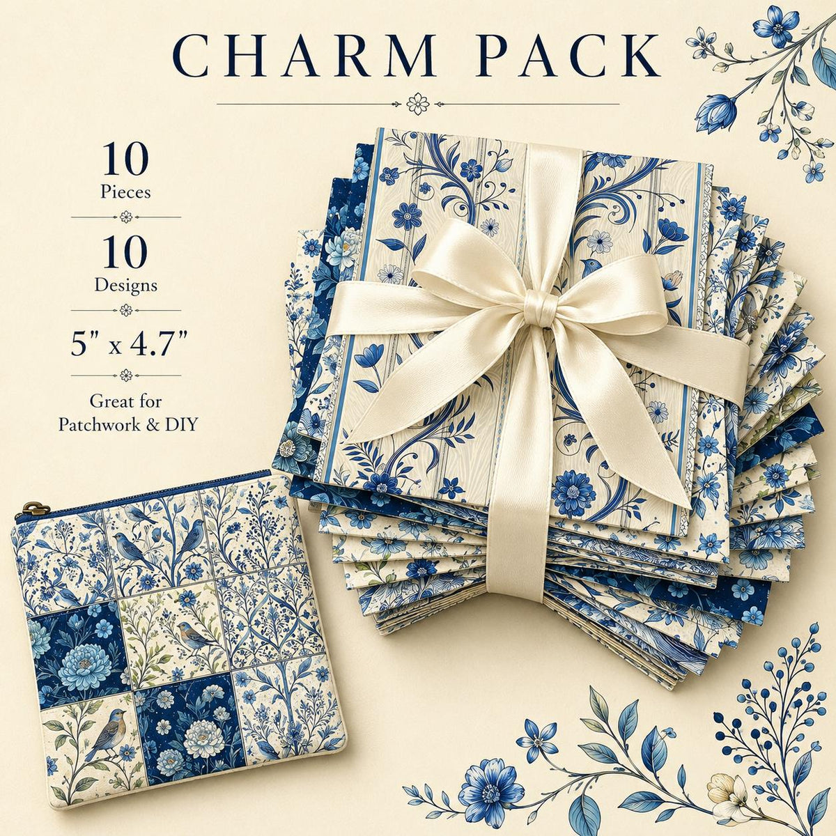10Pc/Set Blue Flower Bird Series Fat Quarter Fabric, Pre-Cut Square Fabric Assort, Fabric Set, Craft Fabric, Handmade DIY Patchwork Fabric,Home Quilting Sewing Fabric, Packaging Fabric, Scrapbooking Craft Hobbyist