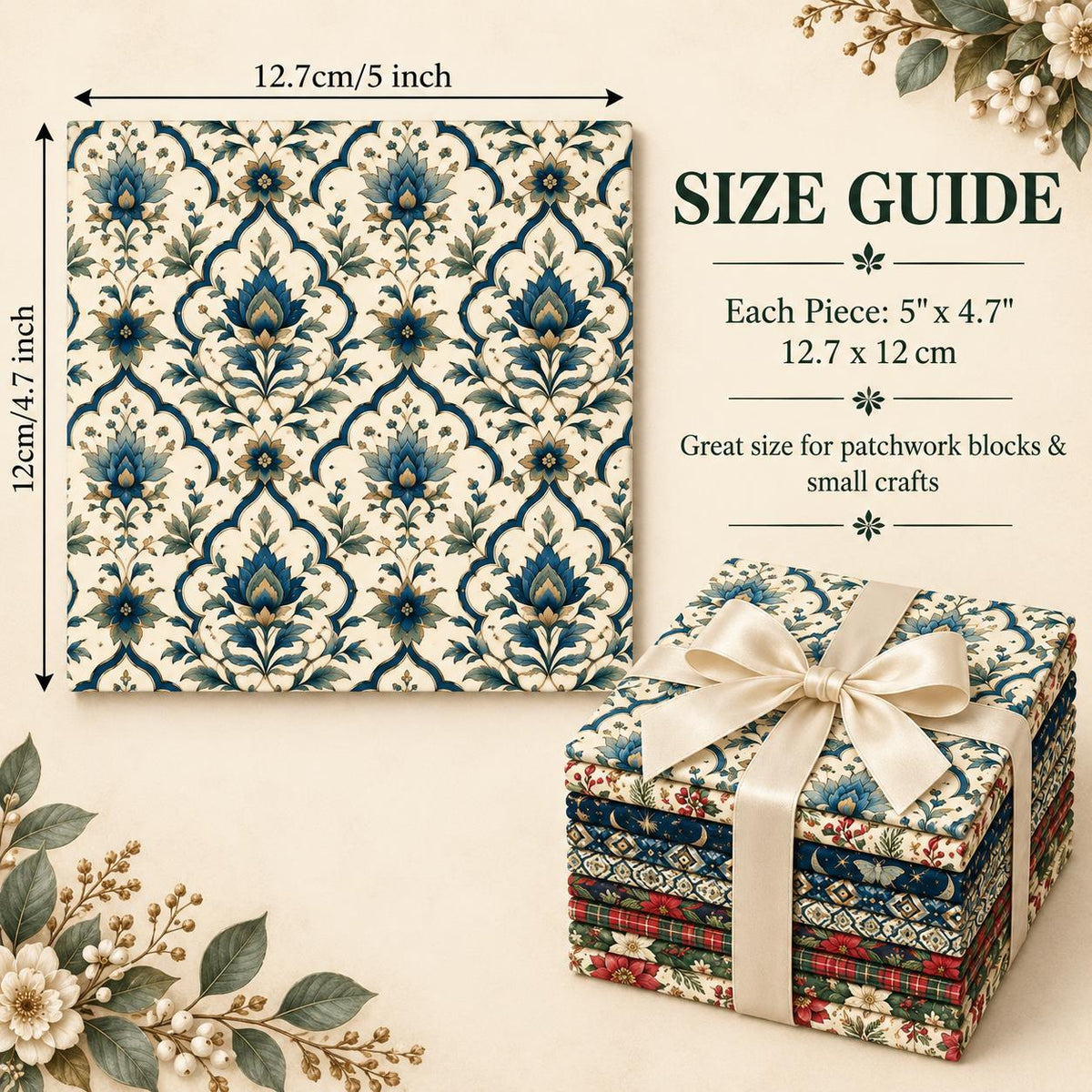 10Pc/Set Christmas Flower Series Plaid Tree Holly Pinecones Fat Quarter Fabric, Pre-Cut Square Fabric Assort, Fabric Set, Craft Fabric, Handmade DIY Patchwork Fabric,Home Quilting Sewing Fabric, Packaging Fabric, Scrapbooking Craft Hobbyist