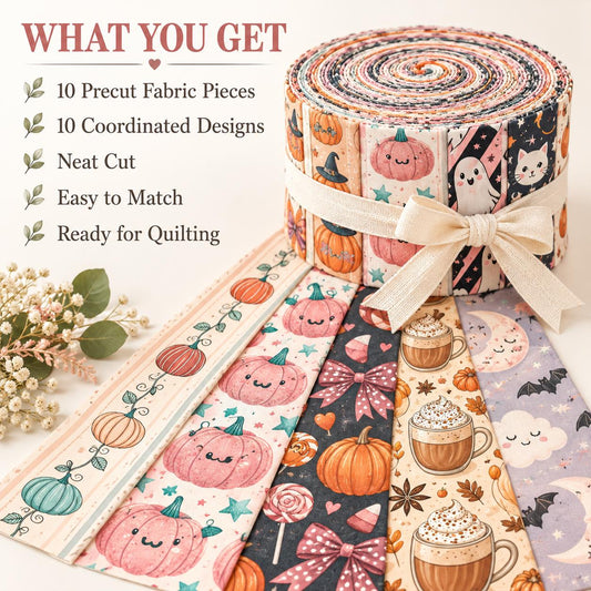 10pcs Vintage Pumpkin Ghost Halloween Theme Jelly Roll Fabric Strips 2.5X19.7inch Pre-Cut 100% Polyester For Patchwork Quilts, Table Runners, Placemats, Tote Bags, Storage Pouches, Makeup Bags, Coasters, Quilt Blocks & Binding