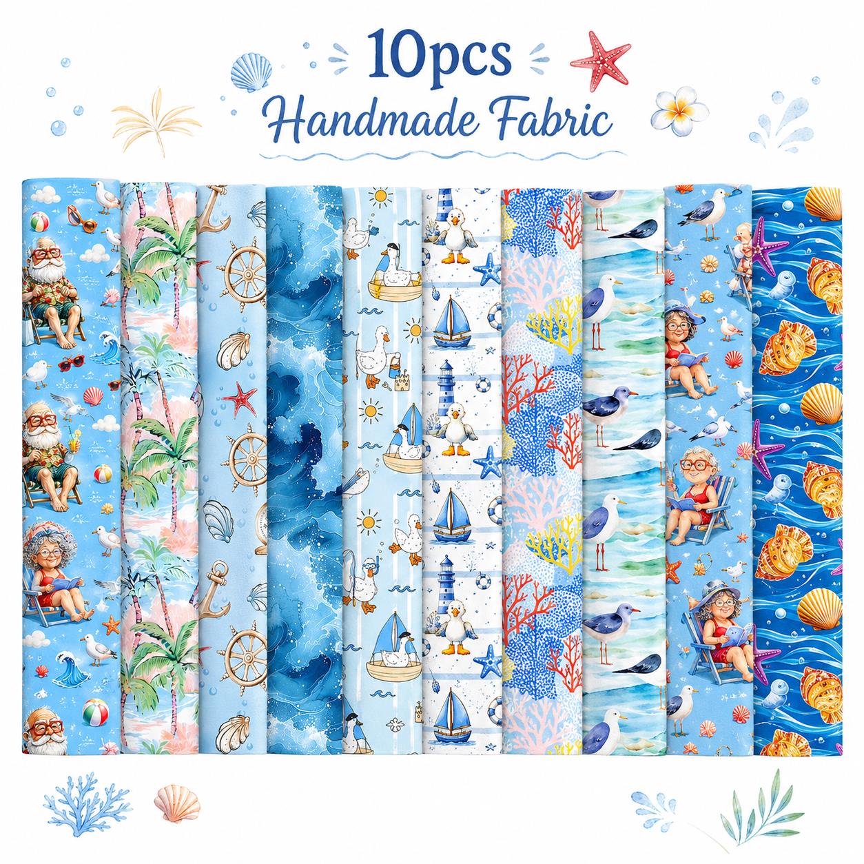 10Pc/Set, Making 10 Images 1pc Each, Each Size: 6.3*50cm Grandma Beach Ocean Series Sliced Fabric Set Style Combination, Polyester Jelly Roll Fabric Strips, Pre-Cut Quilting Squares, For Quilting DIY, Handicrafts And Sewing, Blankets, Rugs