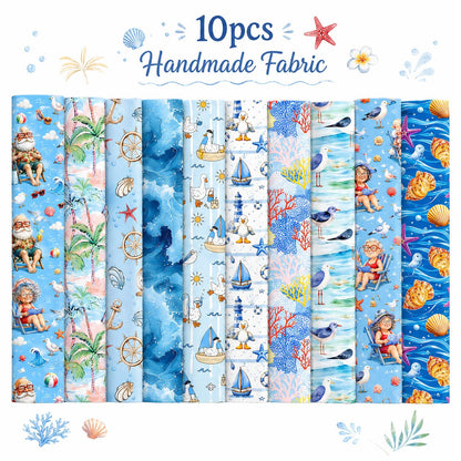 10Pc/Set, Making 10 Images 1pc Each, Each Size: 6.3*50cm Grandma Beach Ocean Series Sliced Fabric Set Style Combination, Polyester Jelly Roll Fabric Strips, Pre-Cut Quilting Squares, For Quilting DIY, Handicrafts And Sewing, Blankets, Rugs