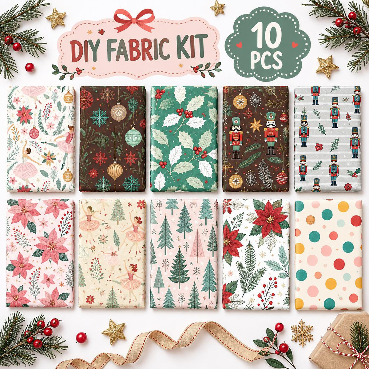 10Pc/Set Christmas Series Flower Ballet Tree Holly Fat Quarter Fabric, Pre-Cut Square Fabric Assort, Fabric Set, Craft Fabric, Handmade DIY Patchwork Fabric,Home Quilting Sewing Fabric, Packaging Fabric, Scrapbooking Craft Hobbyist