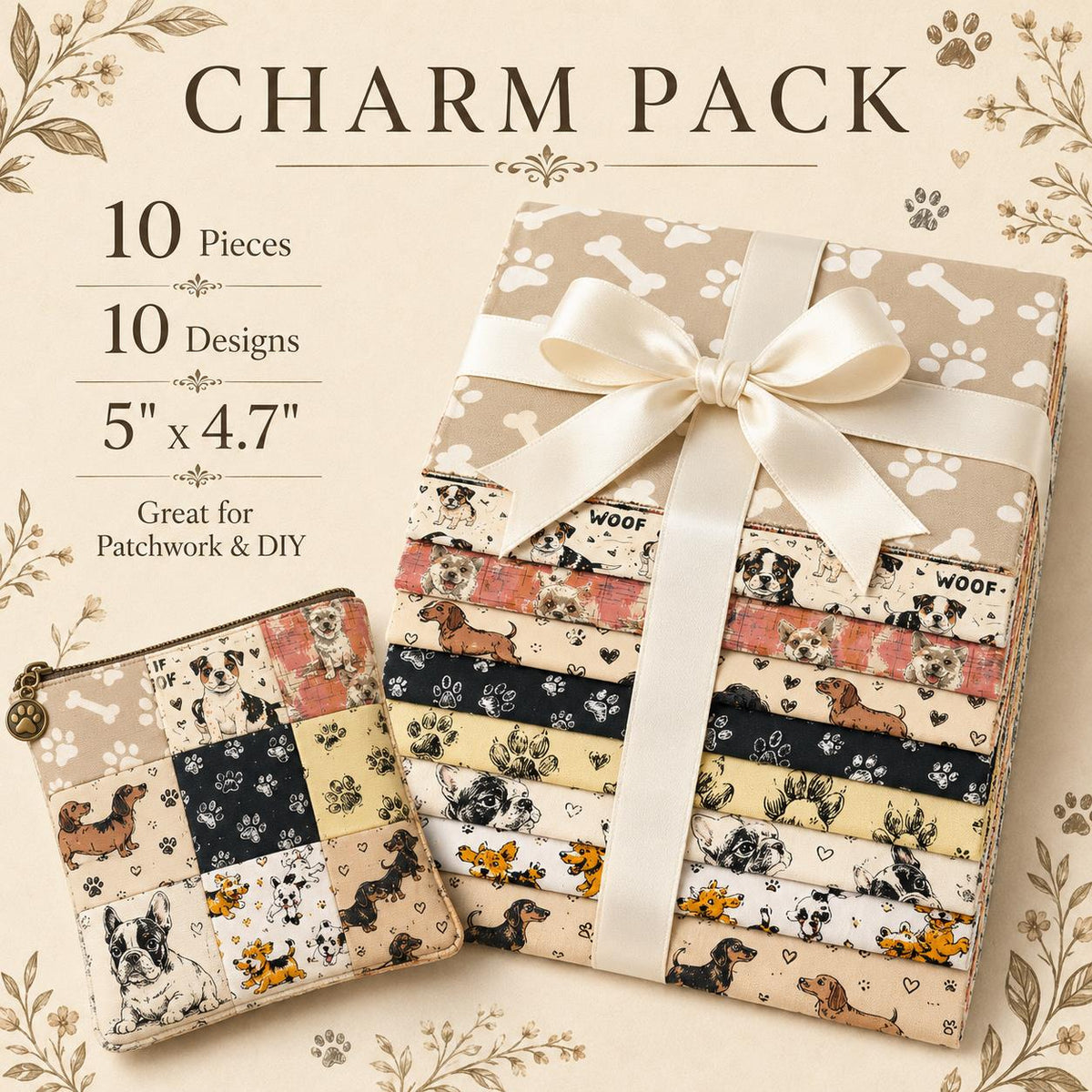 10pcs Charm Pack Set Dog Paw Pattern Vintage Style Handmade DIY with Rich Color and Texture Elements 100% Polyester Patchwork in 10 Design Styles Suitable for Patchwork DIY Craft Projects DIY Wallet Making Gift Giving Bag Making Mother's Day Gift