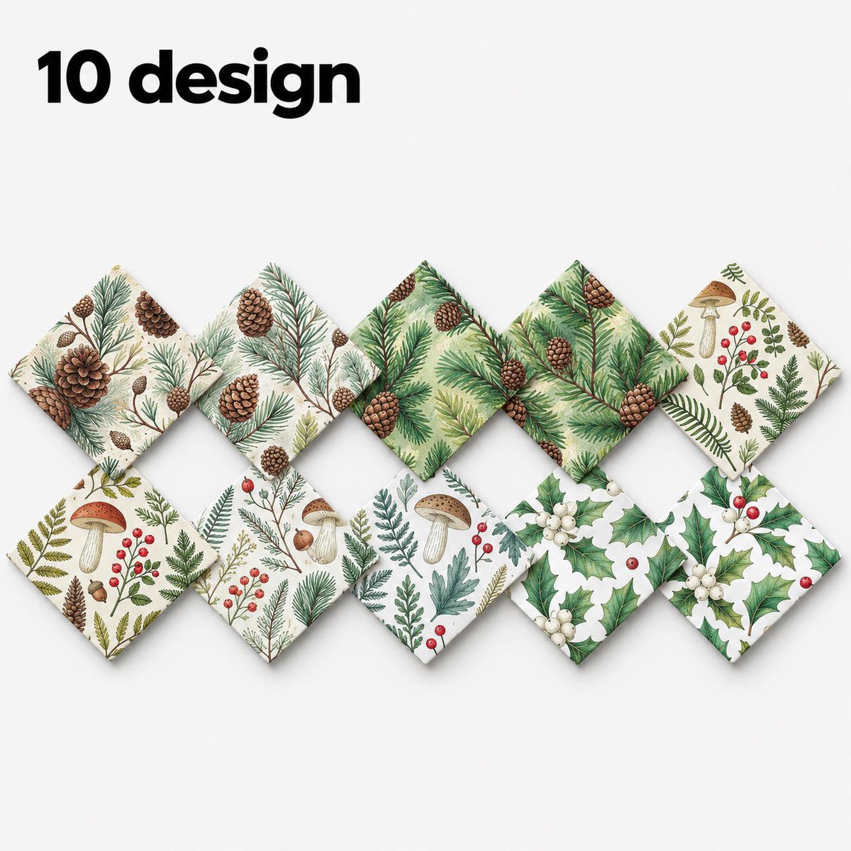 10Pc/Set Christmas Series Tree Mushroom Holly Pinecones Fat Quarter Fabric, Pre-Cut Square Fabric Assort, Fabric Set, Craft Fabric, Handmade DIY Patchwork Fabric,Home Quilting Sewing Fabric, Packaging Fabric, Scrapbooking Craft Hobbyist