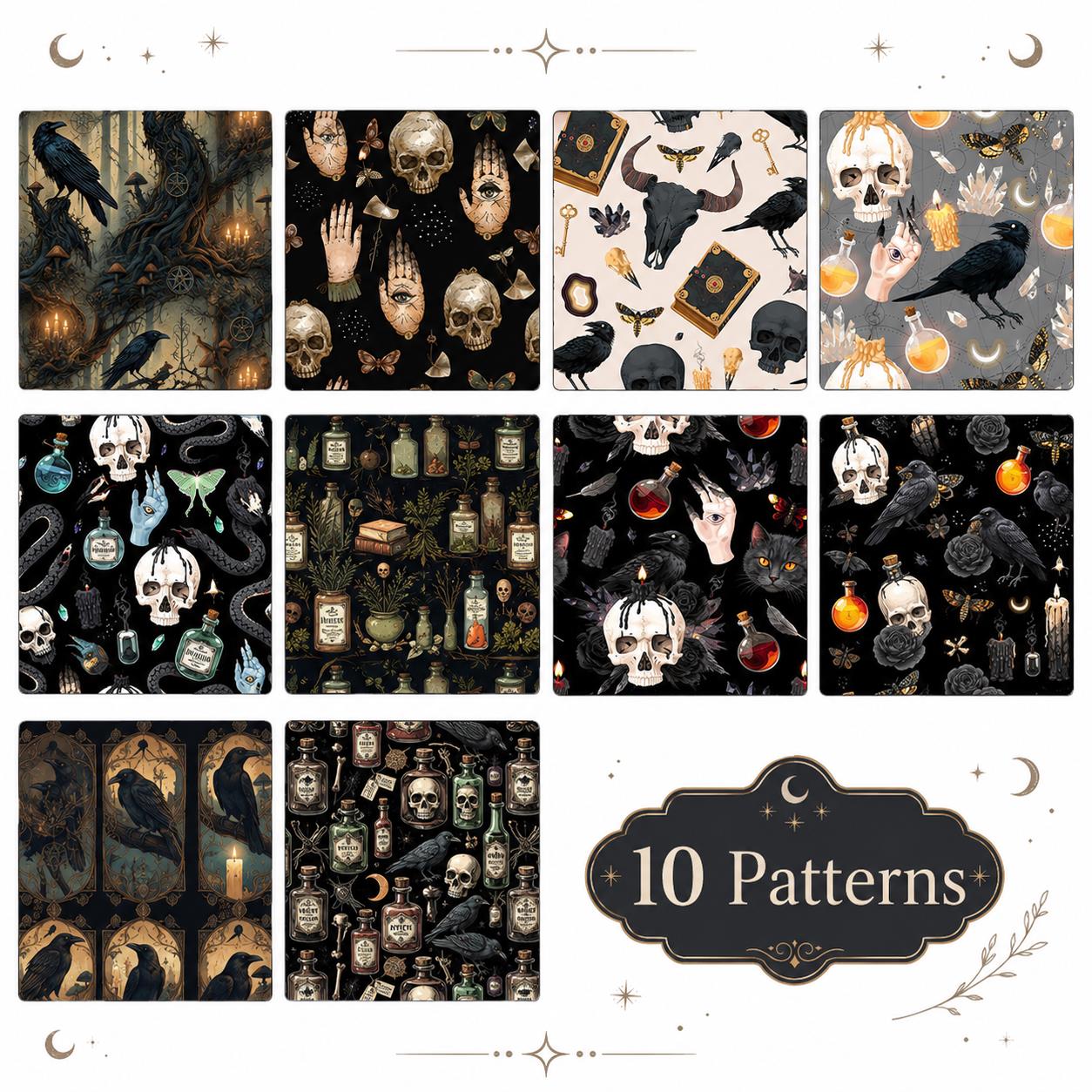 10pcs Vintage Skull Crow Black Pattern Jelly Roll Fabric Strips 2.5X19.7inch Pre-cut 100% Polyester for Patchwork Quilts, Table Runners, Placemats, Tote Bags, Storage Pouches, Makeup Bags, Coasters, Quilt Blocks & Binding