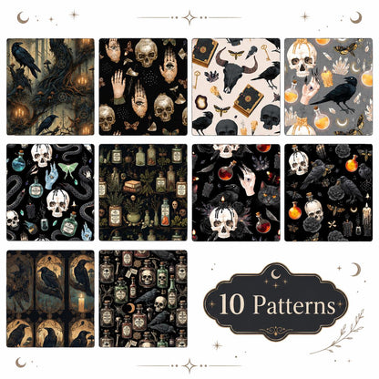10pcs Vintage Skull Crow Black Pattern Jelly Roll Fabric Strips 2.5X19.7inch Pre-cut 100% Polyester for Patchwork Quilts, Table Runners, Placemats, Tote Bags, Storage Pouches, Makeup Bags, Coasters, Quilt Blocks & Binding