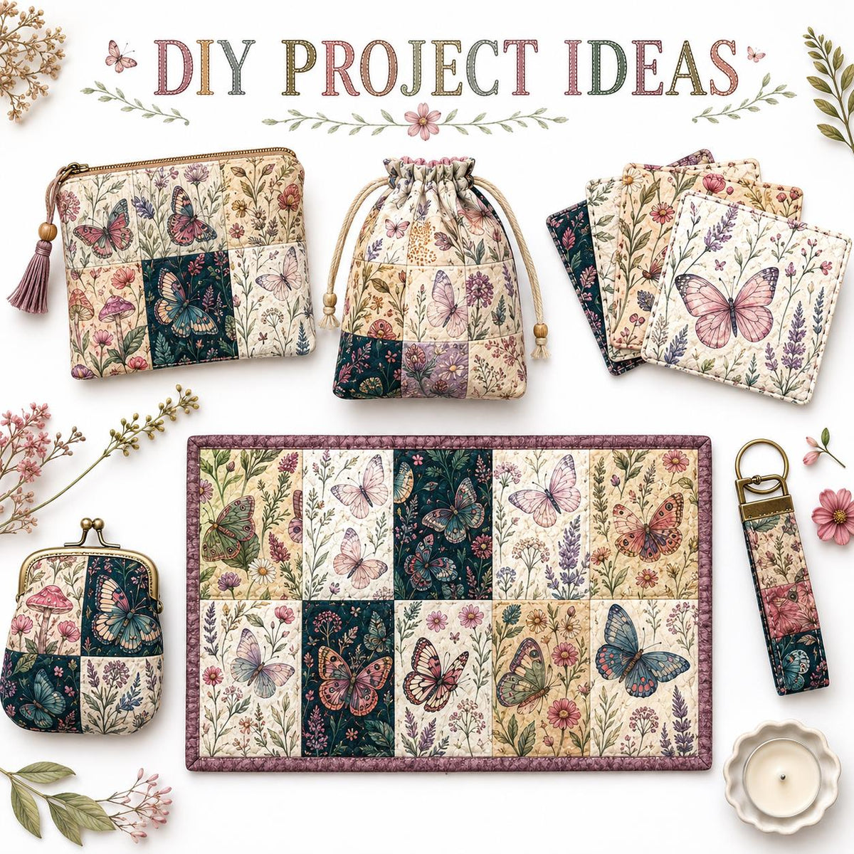 10pcs Charm Pack Set Floral Butterfly Pattern Vintage Style Handmade DIY with Rich Color and Texture Elements 100% Polyester Patchwork in 10 Design Styles Suitable for Patchwork DIY Craft Projects DIY Wallet Making Gift Giving Bag Making Mother's Day Gift