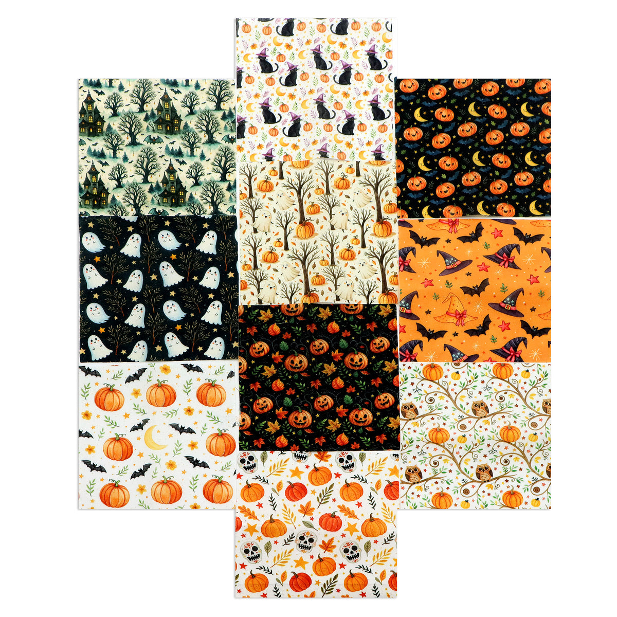 10Pc/Set Halloween Series Owl Skull Pumpkin Cat Moon Fat Quarter Fabric, Pre-Cut Square Fabric Assort, Fabric Set, Craft Fabric, Handmade DIY Patchwork Fabric,Home Quilting Sewing Fabric, Packaging Fabric, Scrapbooking Craft Hobbyist
