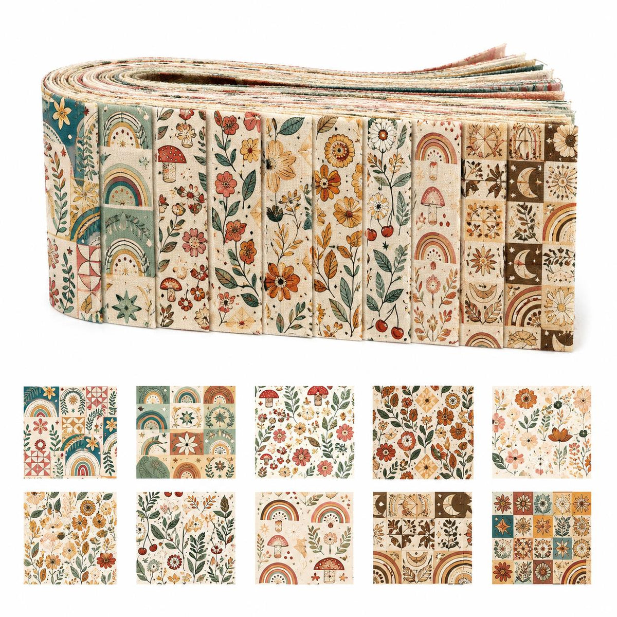 10pcs Vintage Plaid Pumpkin Floral Pattern Jelly Roll Fabric Strips 2.5X19.7inch Pre-Cut 100% Polyester For Patchwork Quilts, Table Runners, Placemats, Tote Bags, Storage Pouches, Makeup Bags, Coasters, Quilt Blocks & Binding