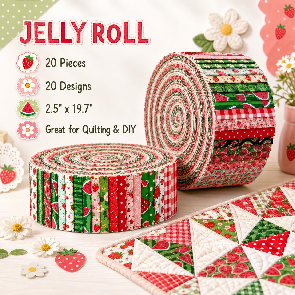 20pcs Vintage Strawberry Watermelon Fruit Pattern Blue Series Jelly Roll Sliced Fabric Strips 2.5X19.7inch Pre-Cut Floral Bow Knot Printed Multi-Color 100% Polyester For DIY Handmade Patchwork, Table Runners, Placemats, Tote Bags, Storage Pouches