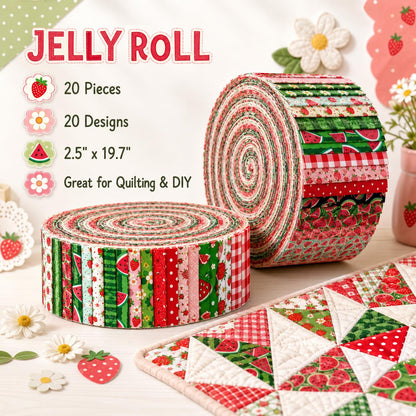 20pcs Vintage Strawberry Watermelon Fruit Pattern Blue Series Jelly Roll Sliced Fabric Strips 2.5X19.7inch Pre-Cut Floral Bow Knot Printed Multi-Color 100% Polyester For DIY Handmade Patchwork, Table Runners, Placemats, Tote Bags, Storage Pouches