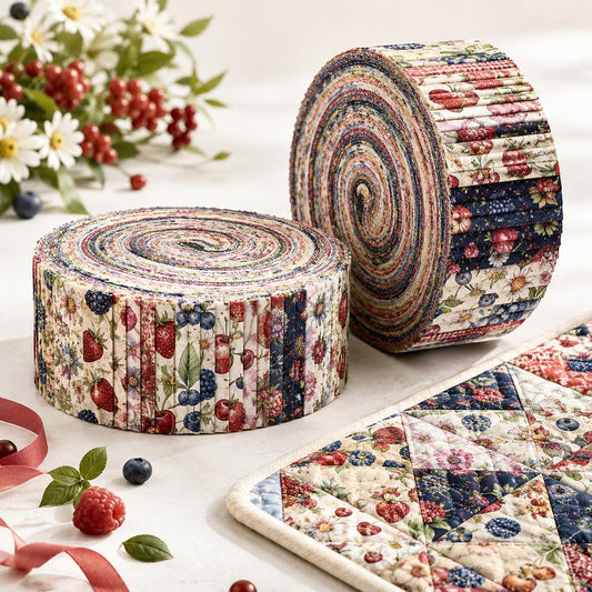 10pcs Vintage Strawberry Blueberry Floral Pattern Jelly Roll Fabric Strips 2.5X19.7inch Pre-Cut 100% Polyester For Patchwork Quilts, Table Runners, Placemats, Tote Bags, Storage Pouches, Makeup Bags, Coasters, Quilt Blocks & Binding