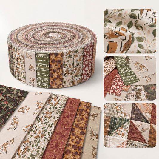 10pcs Vintage Fox Wolf Holly Pattern Jelly Roll Fabric Strips 2.5X19.7inch Pre-Cut 100% Polyester For Patchwork Quilts, Table Runners, Placemats, Tote Bags, Storage Pouches, Makeup Bags, Coasters, Quilt Blocks & Binding