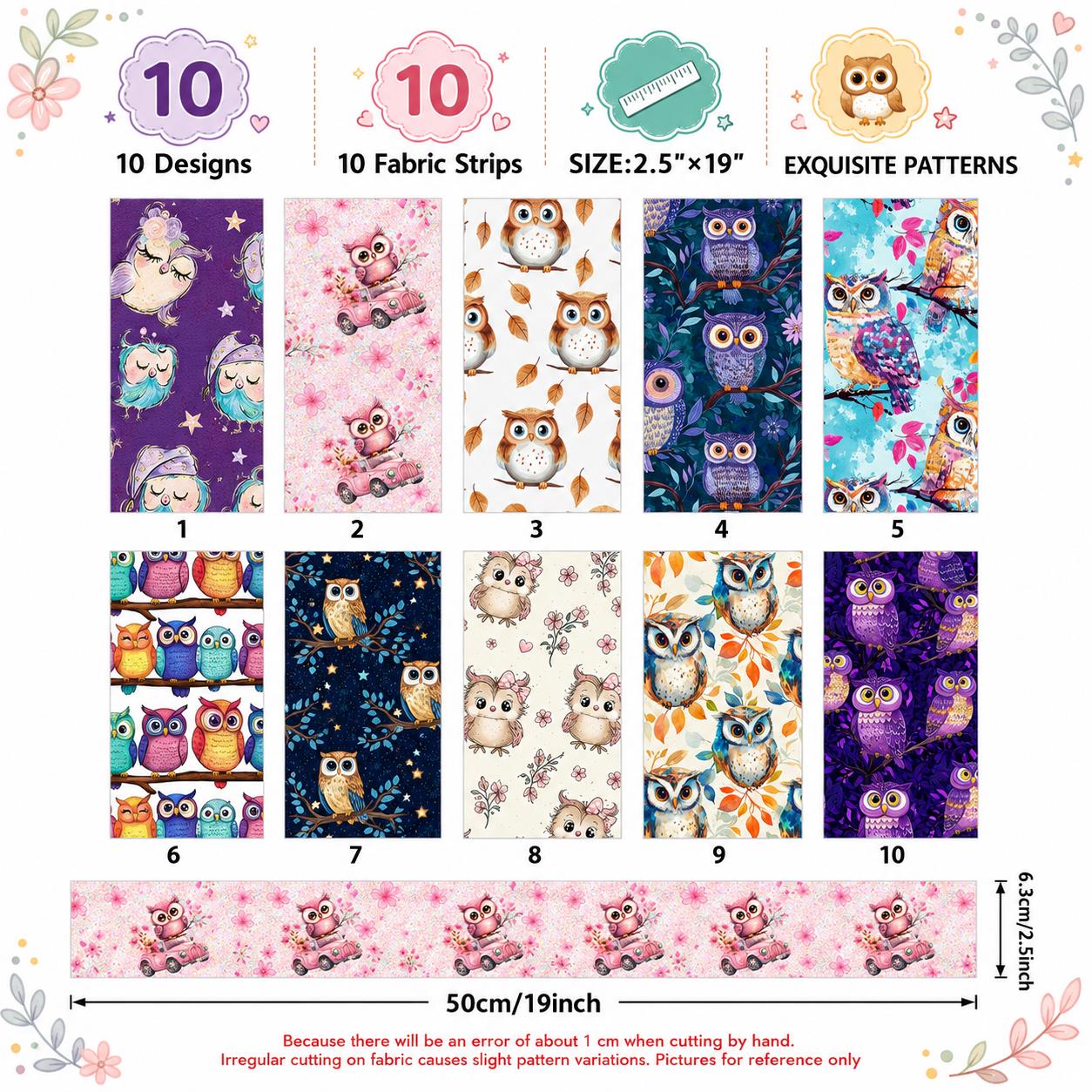 10Pc/Set, Making 10 Images 1pc Each, Each Size: 6.3*50cm Owl Animal Series Sliced Fabric Set Style Combination, Polyester Jelly Roll Fabric Strips, Pre-Cut Quilting Squares, For Quilting DIY, Handicrafts And Sewing, Blankets, Rugs, Interior Decoration