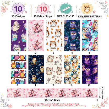 10Pc/Set, Making 10 Images 1pc Each, Each Size: 6.3*50cm Owl Animal Series Sliced Fabric Set Style Combination, Polyester Jelly Roll Fabric Strips, Pre-Cut Quilting Squares, For Quilting DIY, Handicrafts And Sewing, Blankets, Rugs, Interior Decoration
