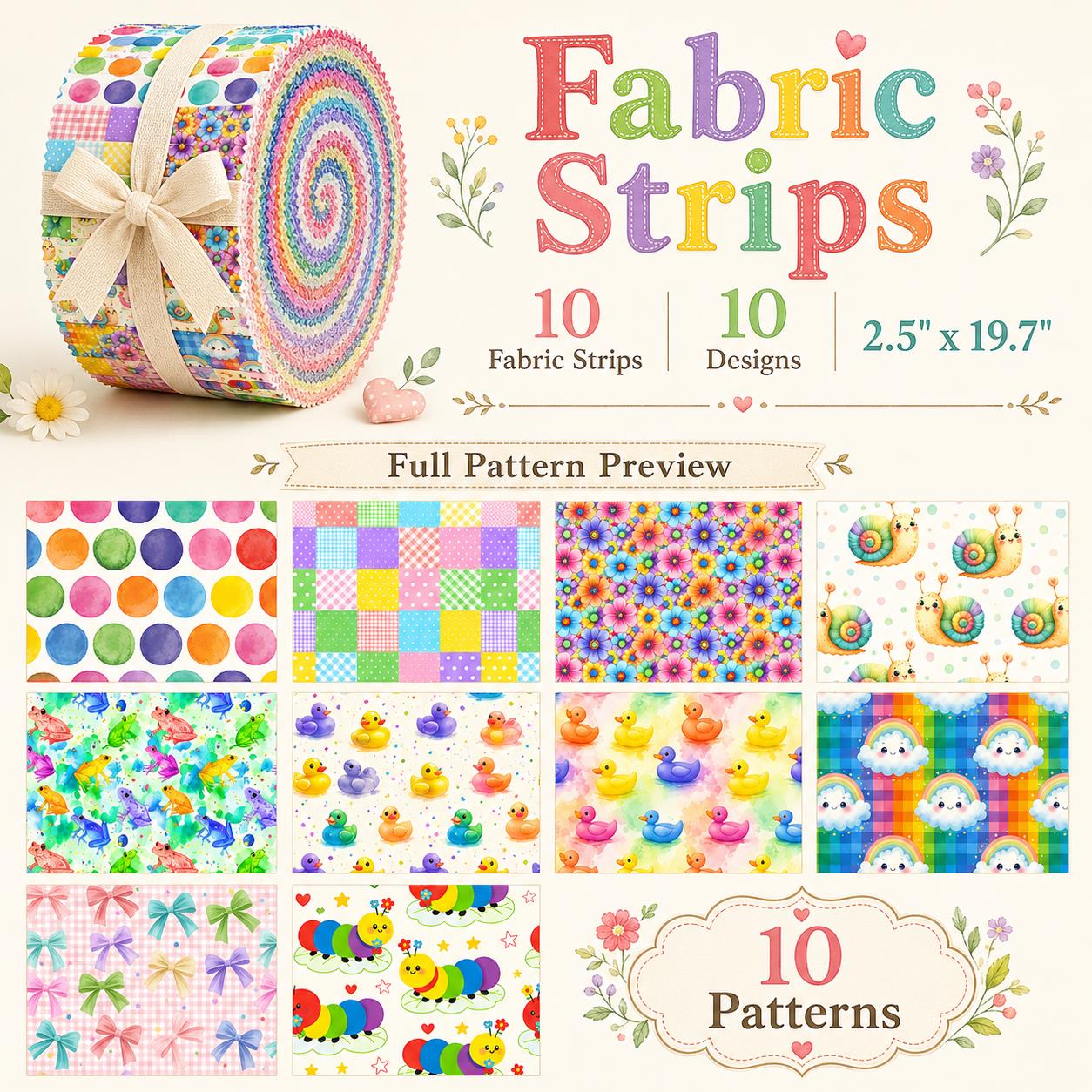 10Pc/Set, Making 10 Images 1pc Each, Each Size: 6.3*50cm Caterpillar Frog Duck Series Sliced Fabric Set Style Combination, Polyester Jelly Roll Fabric Strips, Pre-Cut Quilting Squares, For Quilting DIY, Handicrafts And Sewing, Blankets, Rugs