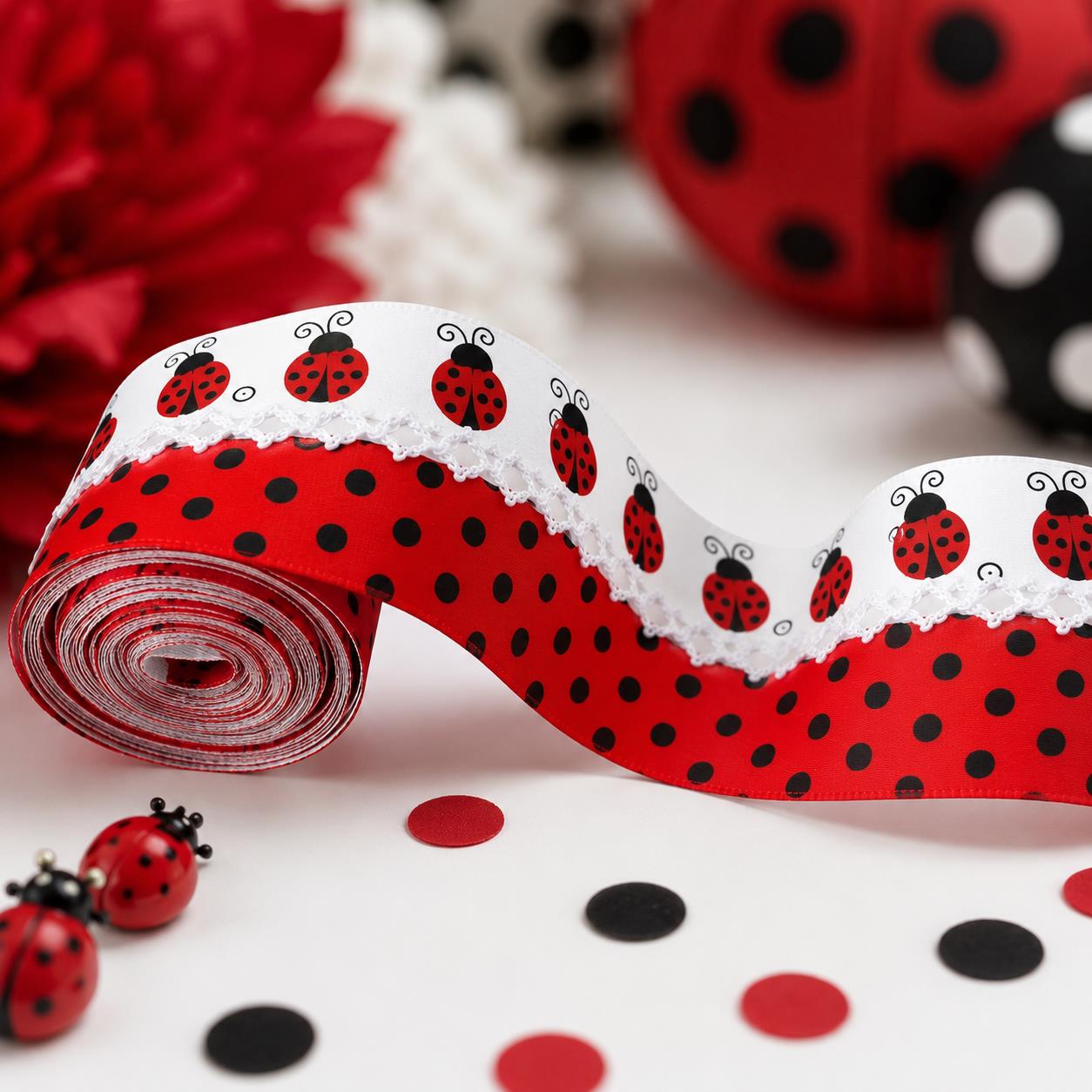 5 Yards Ladybug Dots Pattern Ribbon, Width 32mm/1.26-Inch, Two Ribbon Equipped with White Center Hook Edge, Ideal for Showcasing Jewelry And Wrapping Gifts, Creating Bows, Holiday Decorations