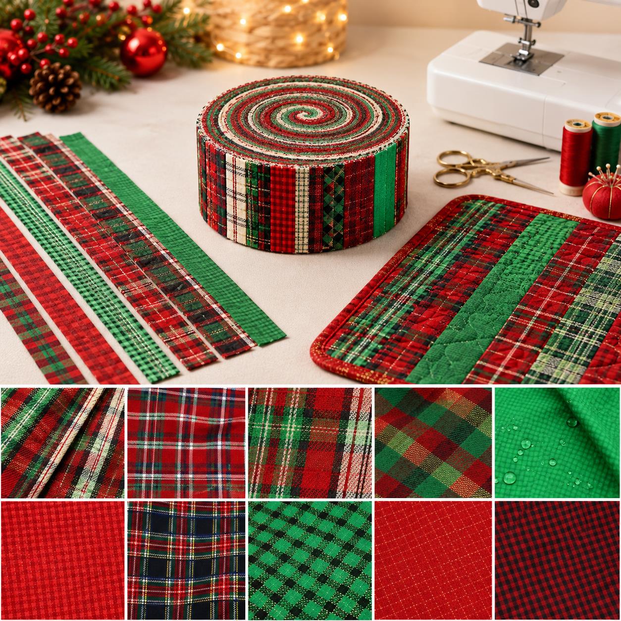 10Pc/Set, Making 10 Images 1pc Each, Each Size: 6.3*50cm Plaid Grid Christmas Series Sliced Fabric Set Style Combination, Polyester Jelly Roll Fabric Strips, Pre-Cut Quilting Squares, For Quilting DIY, Handicrafts And Sewing, Blankets, Rugs