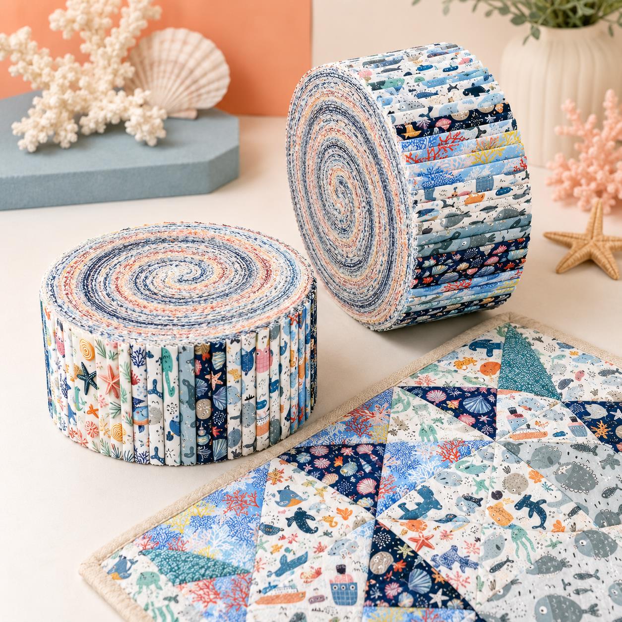 10Pc/Set, Making 10 Images 1pc Each, Each Size: 6.3*50cm Coral Dolphin Jellyfish Ocean Series Sliced Fabric Set Style Combination, Polyester Jelly Roll Fabric Strips, Pre-Cut Quilting Squares, For Quilting DIY, Handicrafts And Sewing, Blankets, Rugs