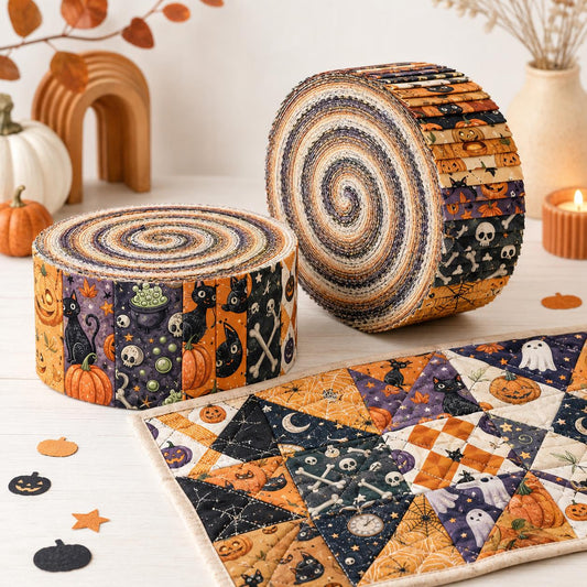 10pcs Vintage Pumpkin Bat Ghost Skull Halloween Theme Jelly Roll Fabric Strips 2.5X19.7inch Pre-Cut 100% Polyester For Patchwork Quilts, Table Runners, Placemats, Tote Bags, Storage Pouches, Makeup Bags, Coasters, Quilt Blocks & Binding