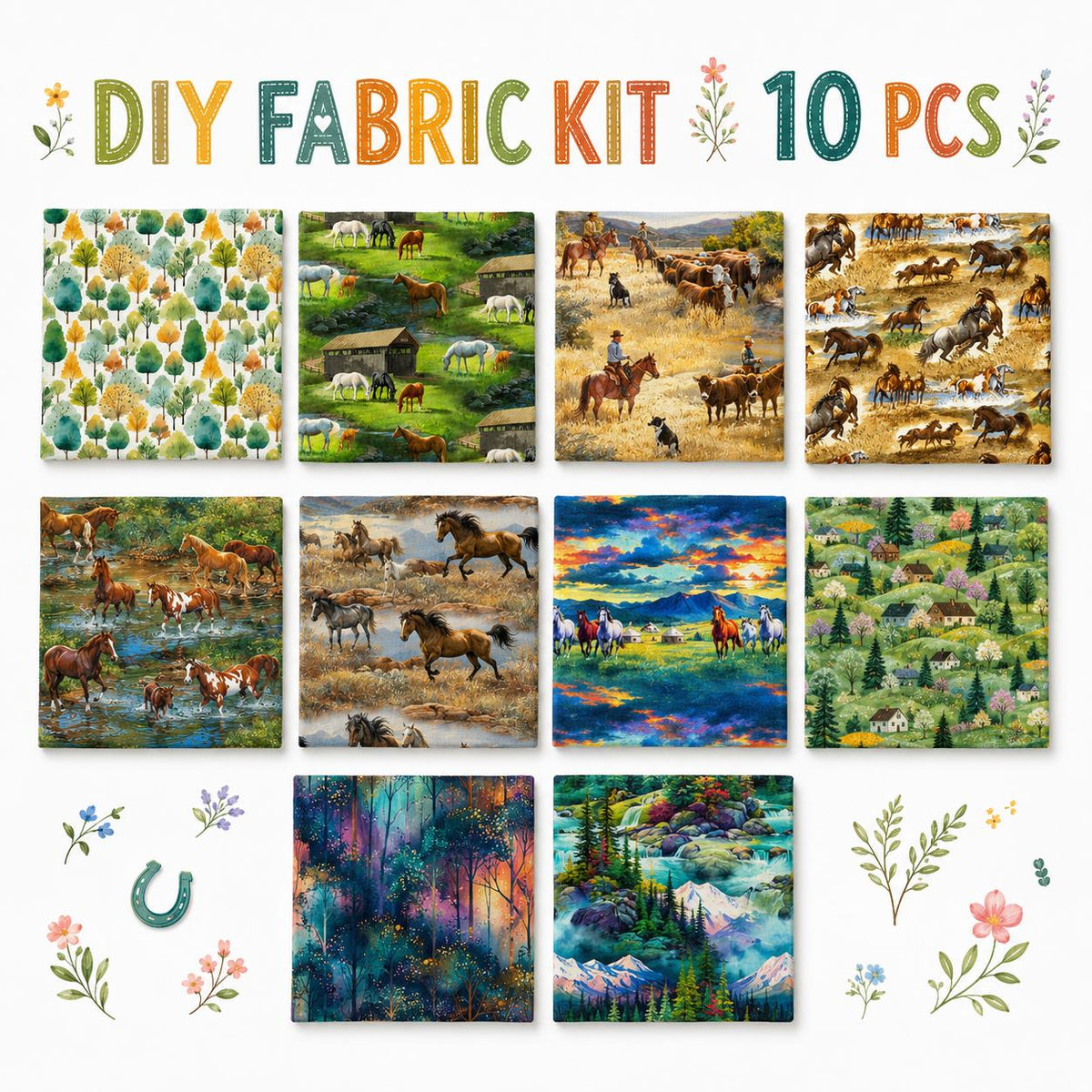 10Pc/Set Horse Series Mountain Tree Fat Quarter Fabric, Pre-Cut Square Fabric Assort, Fabric Set, Craft Fabric, Handmade DIY Patchwork Fabric,Home Quilting Sewing Fabric, Packaging Fabric, Scrapbooking Craft Hobbyist