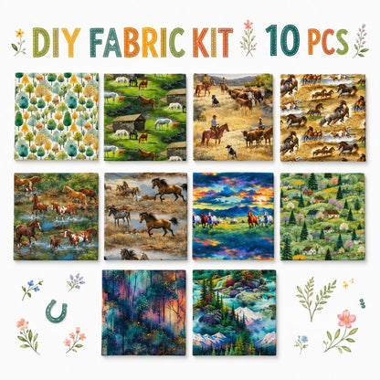 10Pc/Set Horse Series Mountain Tree Fat Quarter Fabric, Pre-Cut Square Fabric Assort, Fabric Set, Craft Fabric, Handmade DIY Patchwork Fabric,Home Quilting Sewing Fabric, Packaging Fabric, Scrapbooking Craft Hobbyist