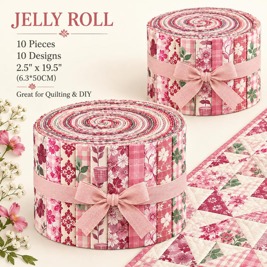 10pcs Vintage Pink Floral Pattern Jelly Roll Fabric Strips 2.5X19.7inch Pre-Cut 100% Polyester For Patchwork Quilts, Table Runners, Placemats, Tote Bags, Storage Pouches, Makeup Bags, Coasters, Quilt Blocks & Binding