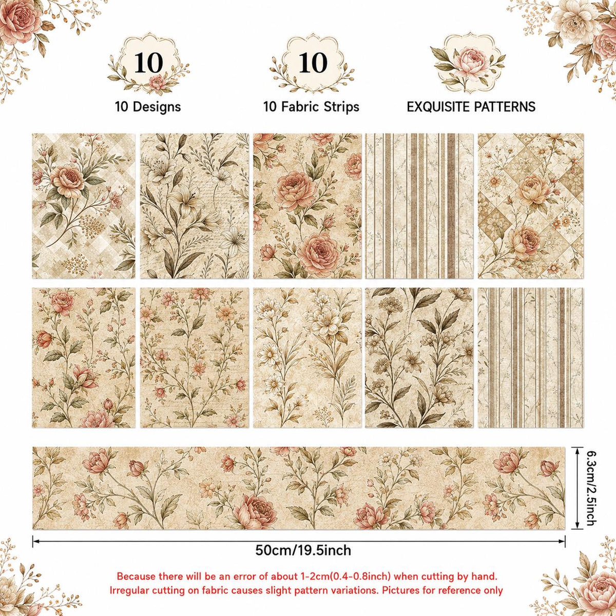 10pcs Vintage Daisy Floral Pattern Jelly Roll Fabric Strips 2.5X19.7inch Pre-Cut 100% Polyester For Patchwork Quilts, Table Runners, Placemats, Tote Bags, Storage Pouches, Makeup Bags, Coasters, Quilt Blocks & Binding