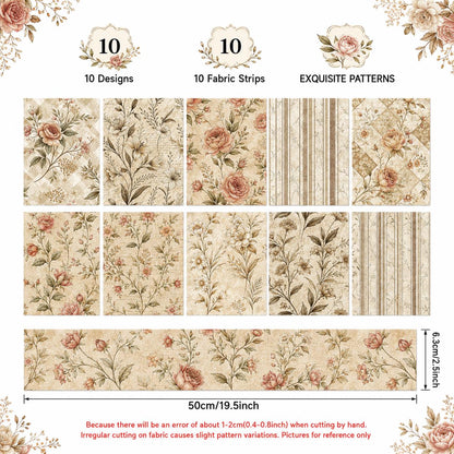 10pcs Vintage Daisy Floral Pattern Jelly Roll Fabric Strips 2.5X19.7inch Pre-Cut 100% Polyester For Patchwork Quilts, Table Runners, Placemats, Tote Bags, Storage Pouches, Makeup Bags, Coasters, Quilt Blocks & Binding