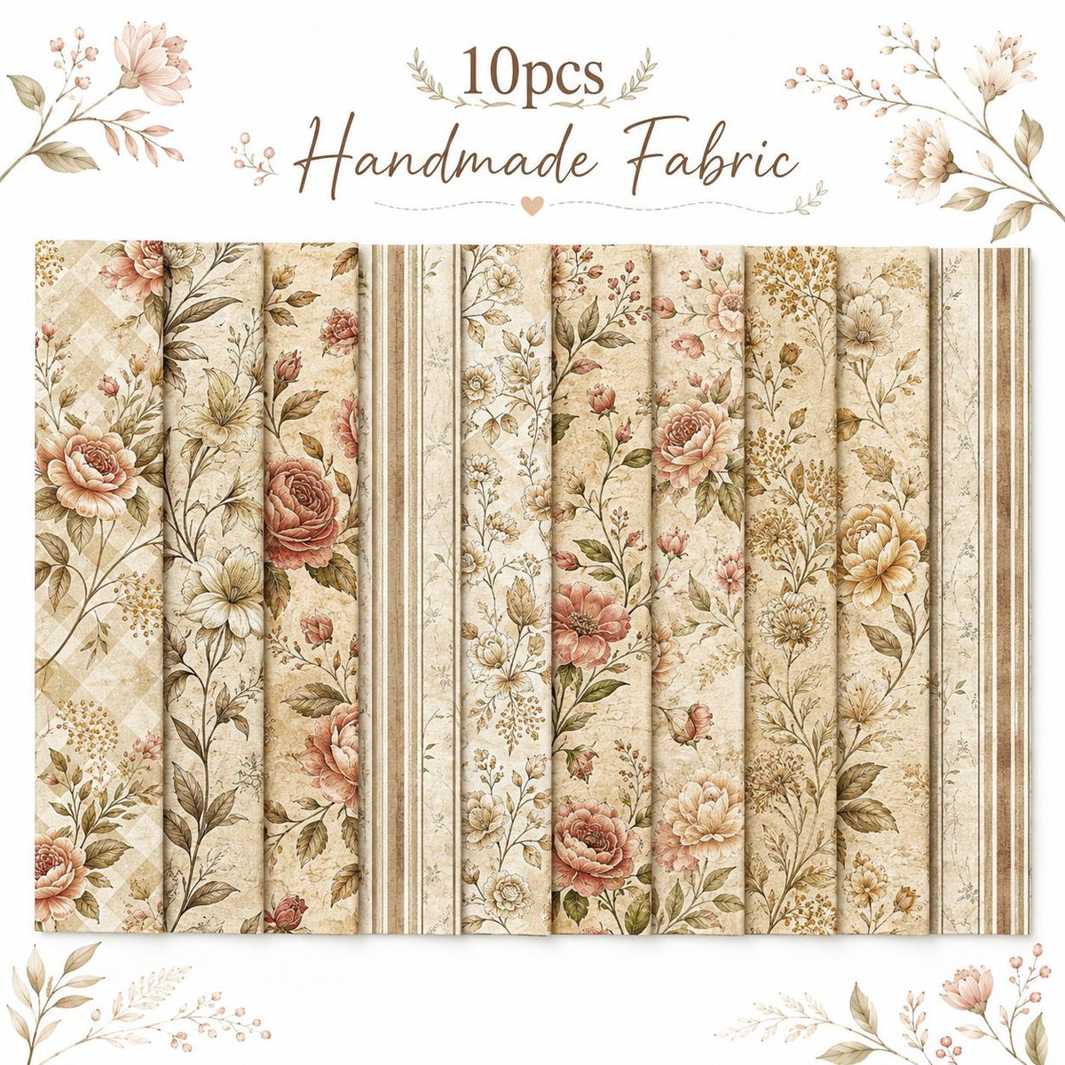 10pcs Vintage Daisy Floral Pattern Jelly Roll Fabric Strips 2.5X19.7inch Pre-Cut 100% Polyester For Patchwork Quilts, Table Runners, Placemats, Tote Bags, Storage Pouches, Makeup Bags, Coasters, Quilt Blocks & Binding