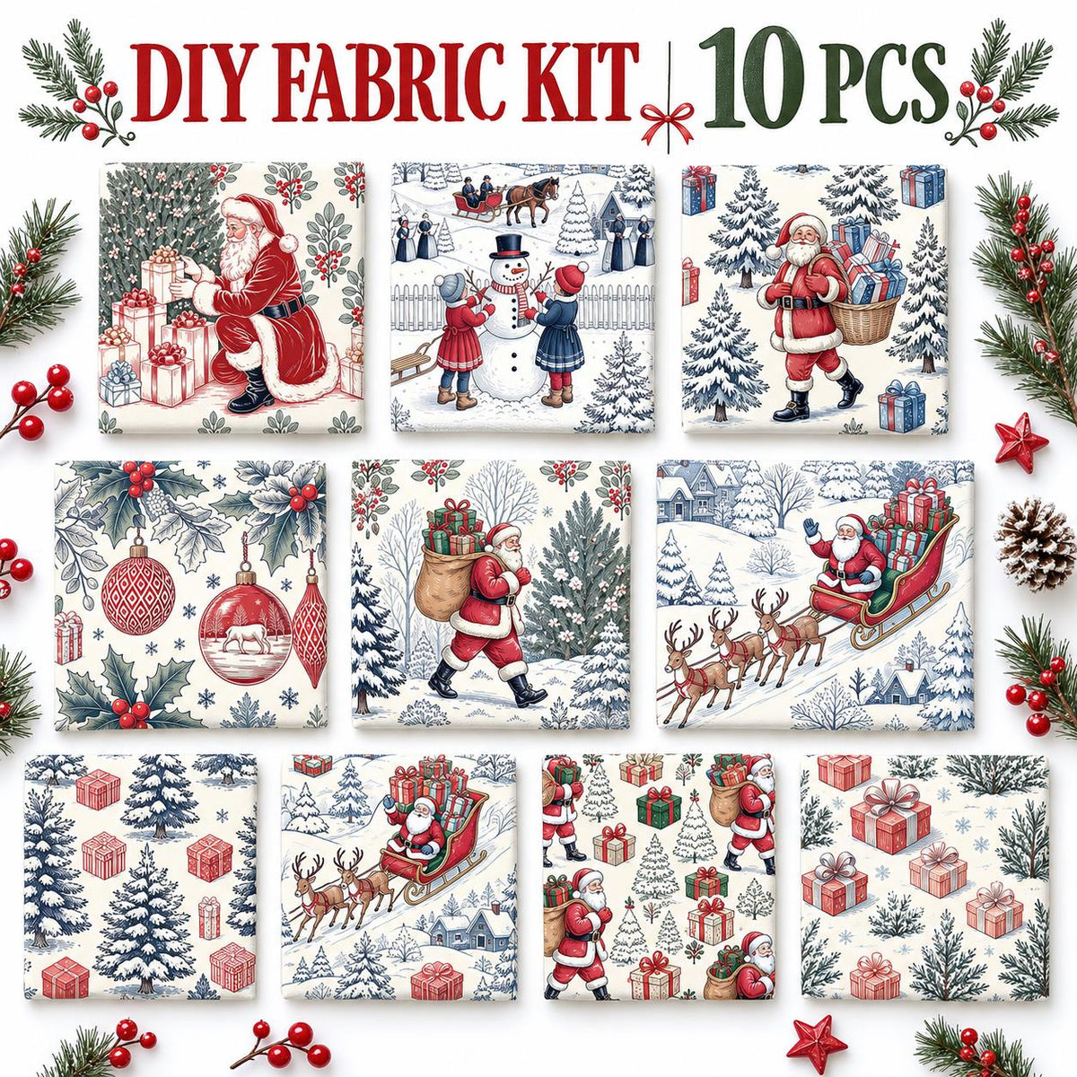 10Pc/Set Christmas Series Deer Tree Santa Claus Holly Gift Fat Quarter Fabric, Pre-Cut Square Fabric Assort, Fabric Set, Craft Fabric, Handmade DIY Patchwork Fabric,Home Quilting Sewing Fabric, Packaging Fabric, Scrapbooking Craft Hobbyist