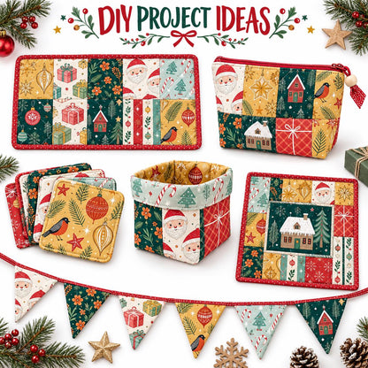 10Pc/Set Christmas Flower Deer Tree Santa Claus Crutch Series Fat Quarter Fabric, Pre-Cut Square Fabric Assort, Fabric Set, Craft Fabric, Handmade DIY Patchwork Fabric,Home Quilting Sewing Fabric, Packaging Fabric, Scrapbooking Craft Hobbyist