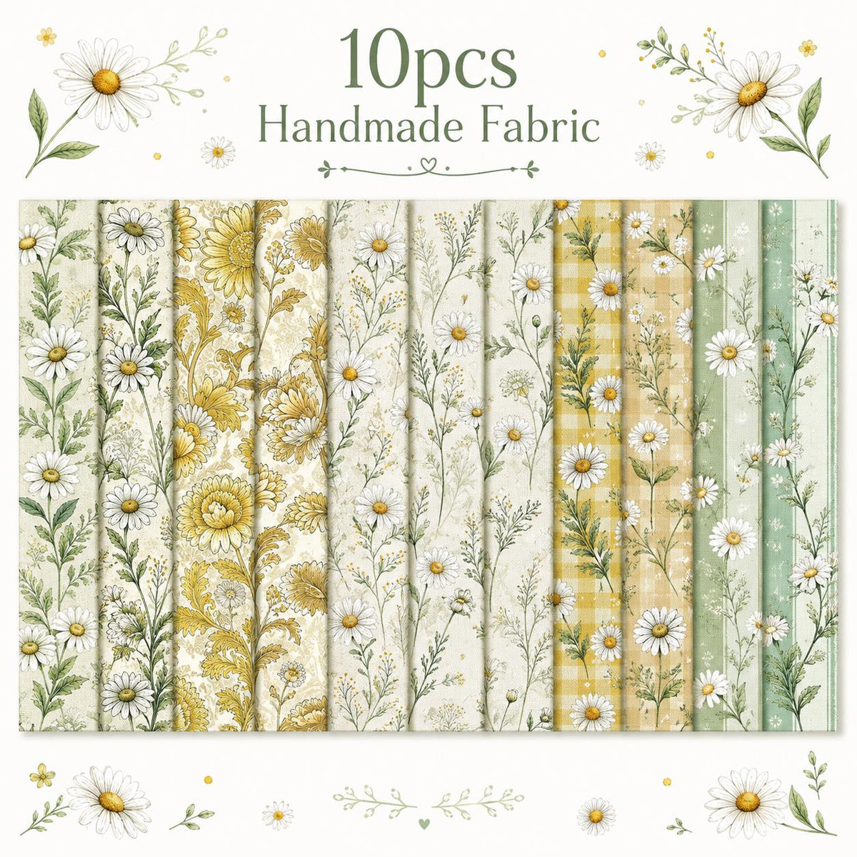 10pcs Vintage Daisy Floral Pattern Jelly Roll Fabric Strips 2.5X19.7inch Pre-Cut 100% Polyester For Patchwork Quilts, Table Runners, Placemats, Tote Bags, Storage Pouches, Makeup Bags, Coasters, Quilt Blocks & Binding
