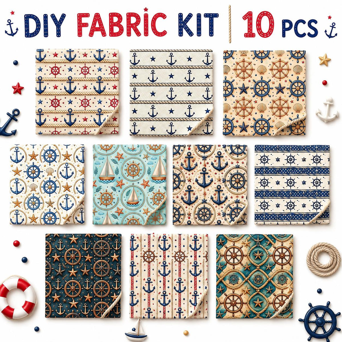 10pcs Charm Pack Set Anchor Pattern 100% Polyester Patchwork in 10 Design Styles, Ready-to-Sew Without Cutting, Suitable For Patchwork Wallet Making Gift Giving Tote Bags Coasters DIY Craft Projects