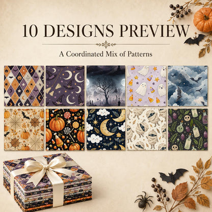 10pcs Charm Pack Set Bat Pumpkin Moon Halloween Vintage Style Pattern Handmade DIY with Rich Color and Texture Elements 100% Polyester Patchwork in 10 Design Styles Suitable for Patchwork DIY Craft Projects DIY Wallet Making Gift Giving Bag Making